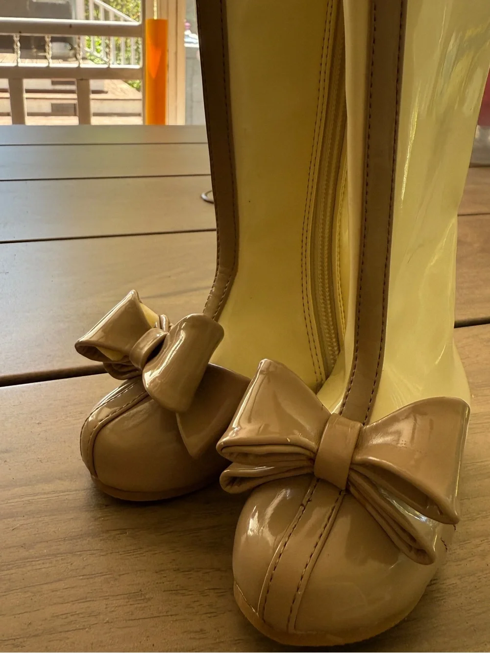 Joyfolie Cream and Beige Bow-Trim Mid-Calf Heeled Boots